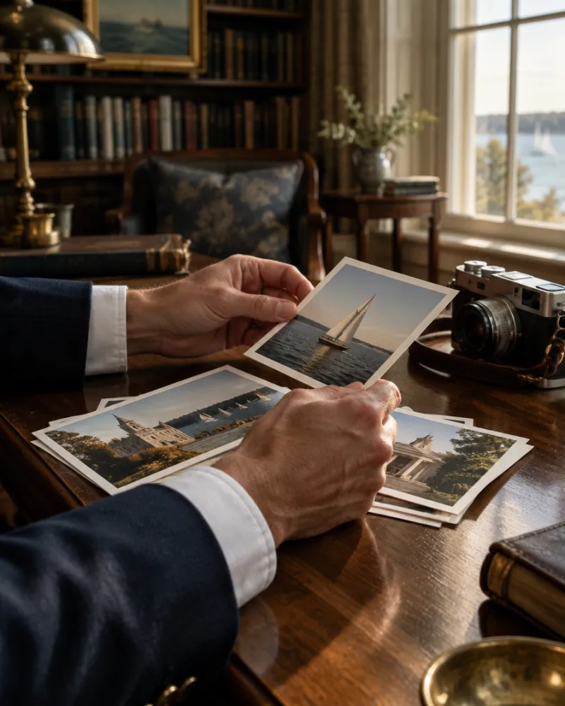 A photographer reviewing prints beside a camera on a walnut desk.