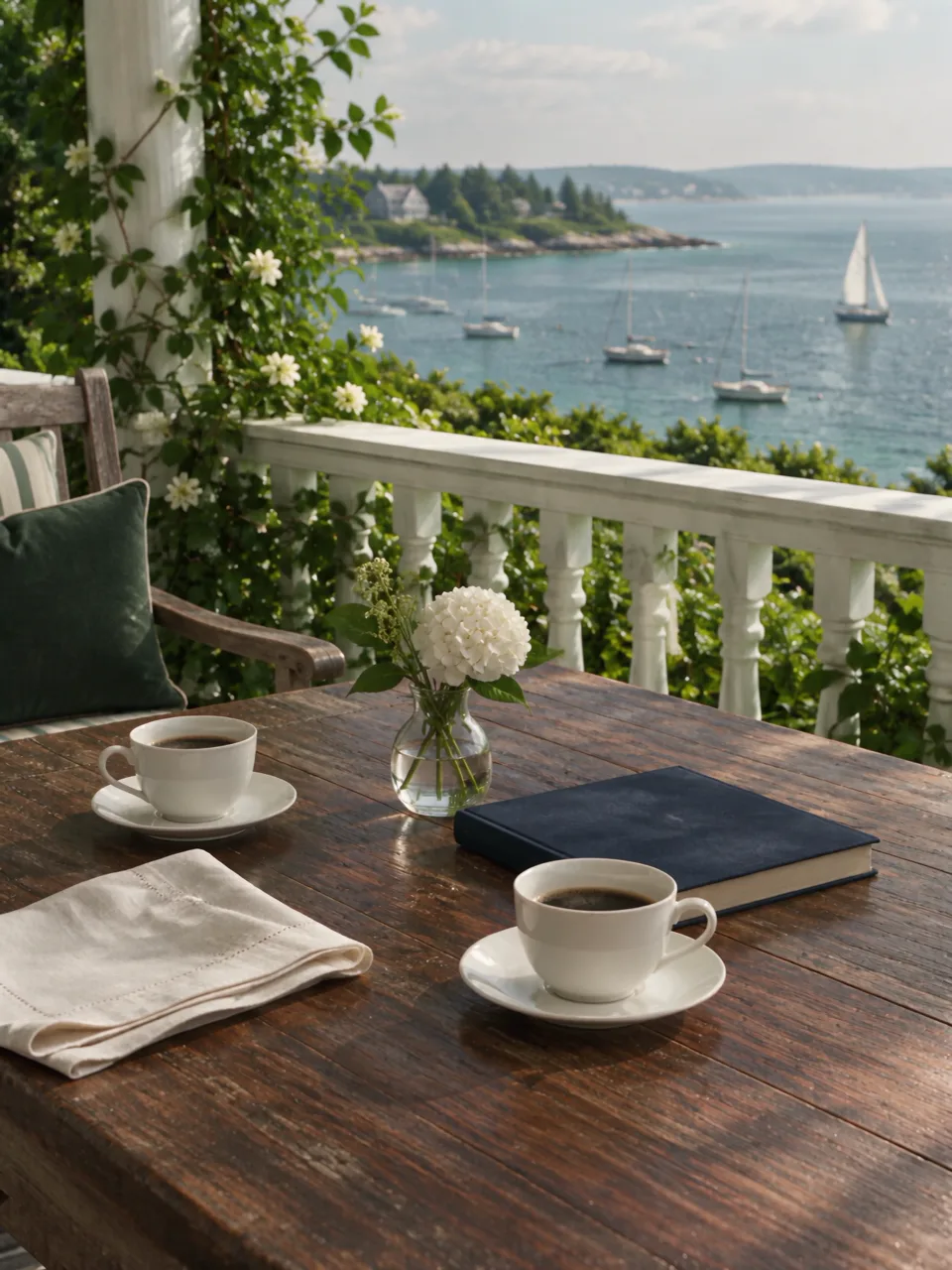 A quiet harbor seen from a veranda set for coffee.